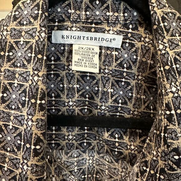 VTG Knightsbridge 100%Rayon Shirt Mens 2XL  Tan Atomic Retro Print 90s - Picture 3 of 9